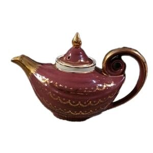 Vtg Hall Aladdin Teapot Gold Swag Maroon/Gold W/tea Strainer 6 Cup  Made USA